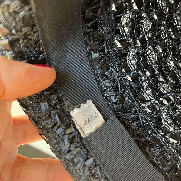 Vintage 50s Black Straw Cloche Hat • Grosgrain Bow, Up-Turn Brim - Picture 9 of 13